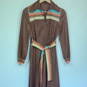 Vintage Brown Maxi Dress with Multicolor Accents